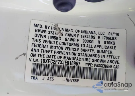 2018 Honda Civic Ex from USA, damaged, VIN 19XFC2F7XJE018967